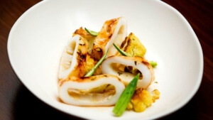 Torched Maple Syrup Calamari, Roasted Cauliflower and Pickled Okra